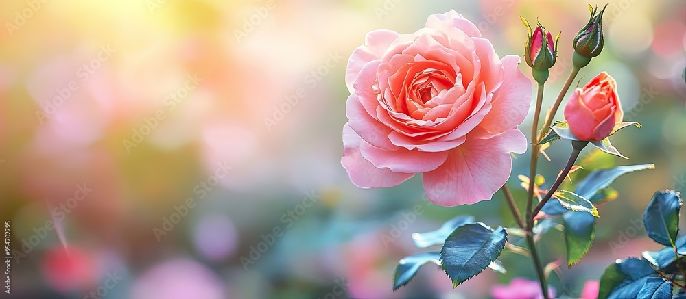 Poster soft pink rose in the garden. with copy space image. place for adding text or design