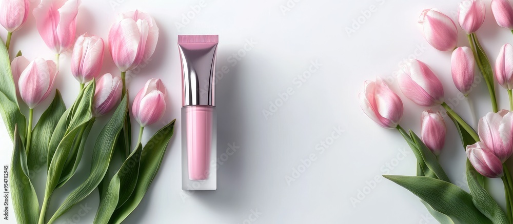 Aufkleber pink cosmetic tube set against a white background with tulips. with copy space image. place for addi