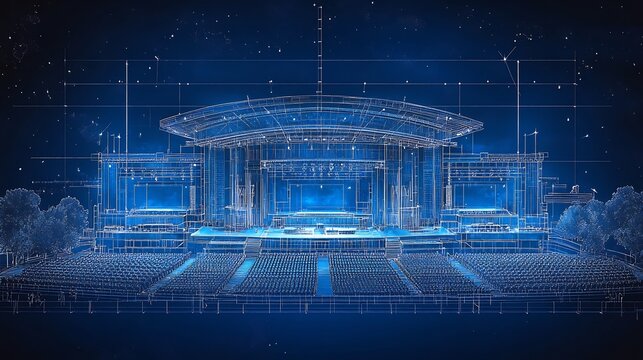 Blueprint of largescale event venue with seating arrangements stage layouts and infrastructure