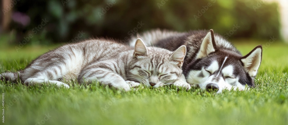 Poster cat and alaskan malamute puppy resting side by side on lush green summer grass copyspace for text
