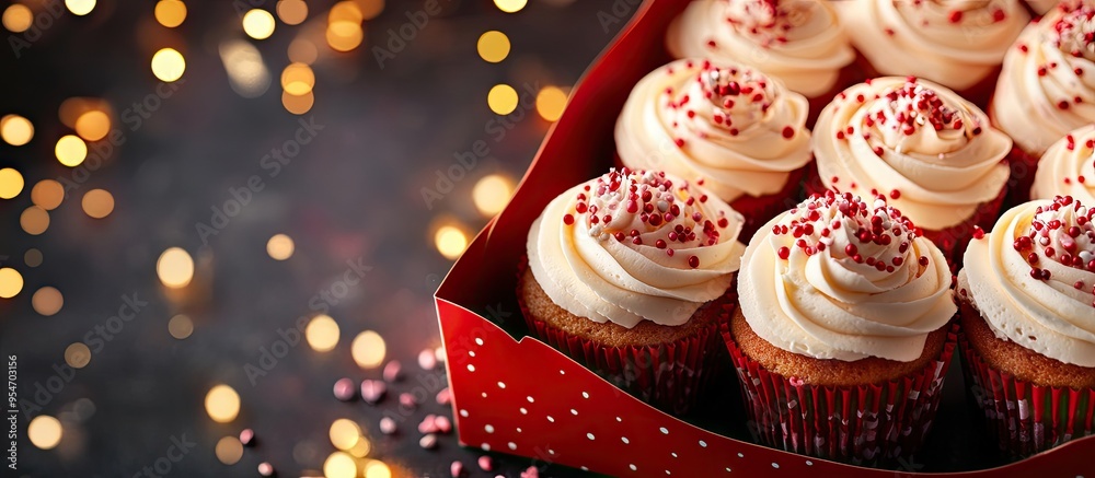 Poster Cupcakes in a gift box with fairy lights Blank area for text Valentine s Day theme. with copy space image. Place for adding text or design