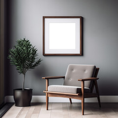 Mockup of a 1x1 dark square wooden frame in a minimalist modern living room interior with gray armchair and green plant. Artwork, poster, art print, wall art mockup.