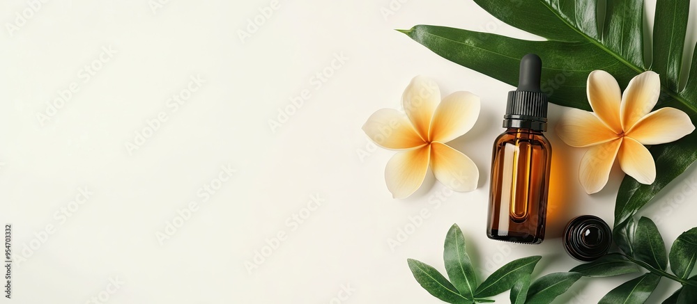 Poster a bottle of essential oils alongside a tropical flower on a white background concept of skin and bod