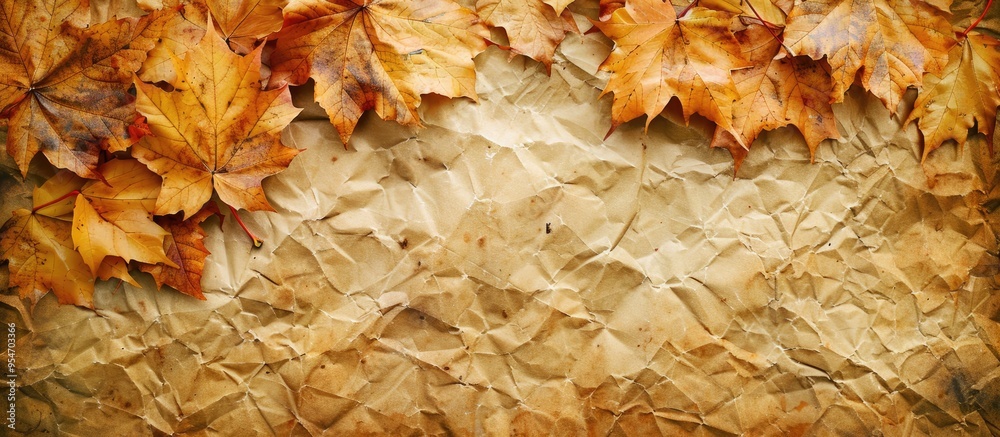 Aufkleber An aged empty sheet of paper resting on vibrant maple leaves Thanksgiving fall season. with copy space image. Place for adding text or design