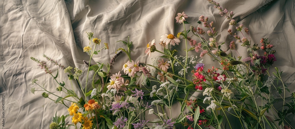 Poster Bouquet of wildflowers on a gray linen backdrop top view Vintage style. with copy space image. Place for adding text or design