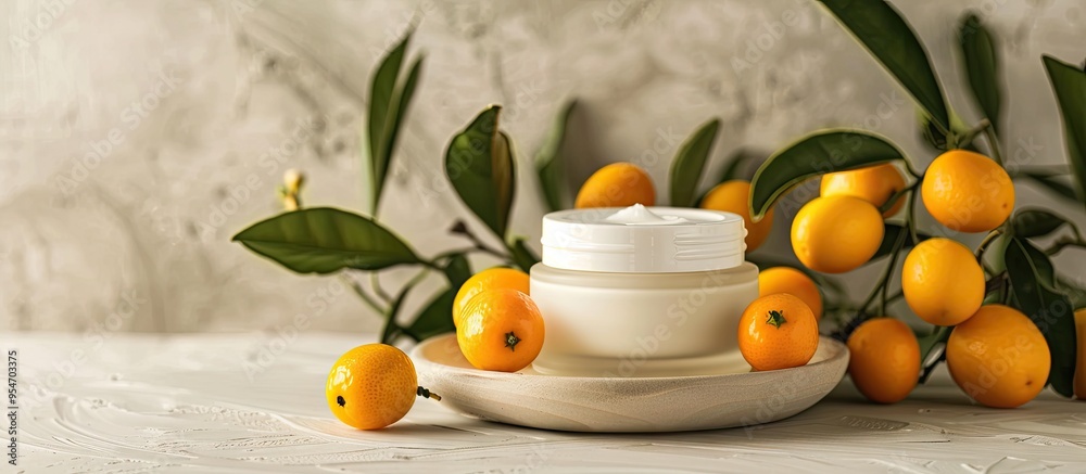 Poster a white jar of cosmetic cream alongside kumquat fruit on a wooden surface. with copy space image. pl