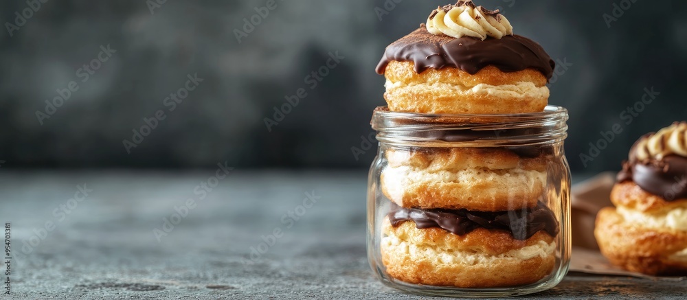 Poster homemade cake eclairs classic french profiteroles with chocolate in a glass jar dessert horizontal p