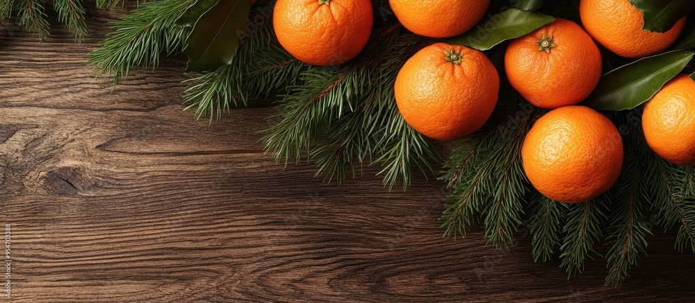 Aufkleber Fir branches and tangerines on a wooden surface Christmas and New Year theme Space for text. with copy space image. Place for adding text or design