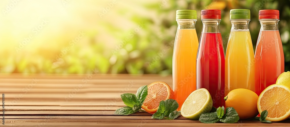 Poster homemade fresh squeezed juice in bottles. with copy space image. place for adding text or design