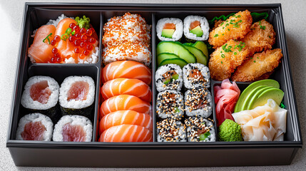 An assorted sushi bento box with various types of sushi, including nigiri and rolls, sushi with fresh tuna and salmon, garnished with roe and vegetables.