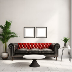 Mockup of two 1x1 black square frames in a modern living room interior with leather sofa and green plants. Artwork, poster, art print, wall art mockup. Club, bar, home interior.