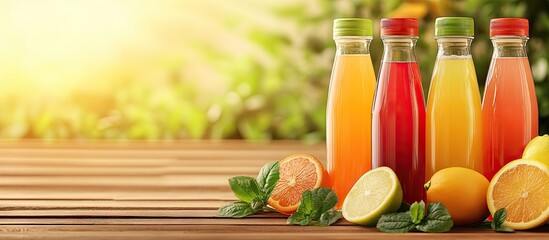 Fototapeta premium Homemade fresh squeezed juice in bottles. with copy space image. Place for adding text or design