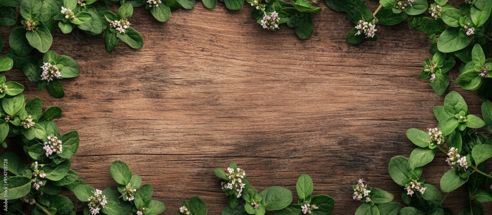 Poster fresh oregano blossoms leaves on aged wooden table close up. with copy space image. Place for adding text or design