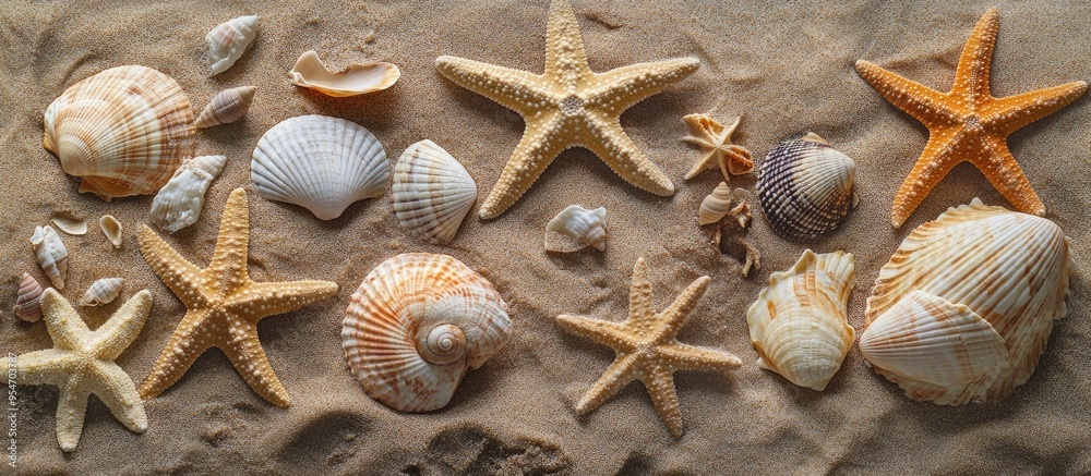 Poster Beautiful starfishes and seashells on the sand arranged in a flat lay Room for text. with copy space image. Place for adding text or design