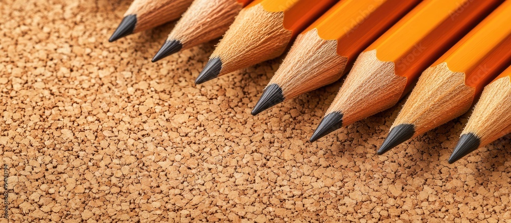 Poster A collection of wooden pencils placed on a cork board. with copy space image. Place for adding text or design