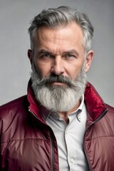 Bearded senior man in a stylish jacket with a confident expression and neutral background
