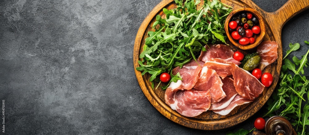 Poster fresh pork ham slices on a wooden plate accompanied by arugula salad gray background top view copy s