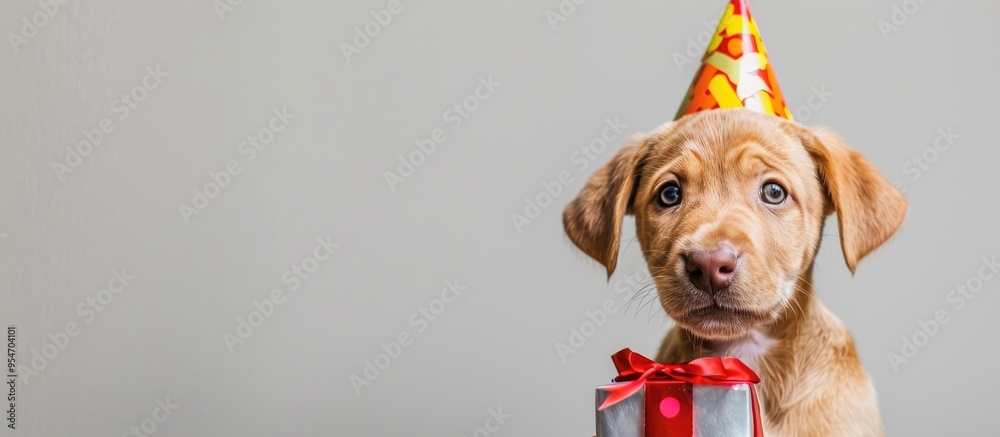 Poster A smiling puppy wearing a party hat and bow tie is holding a gift box behind an empty white banner set against a white background. with copy space image. Place for adding text or design