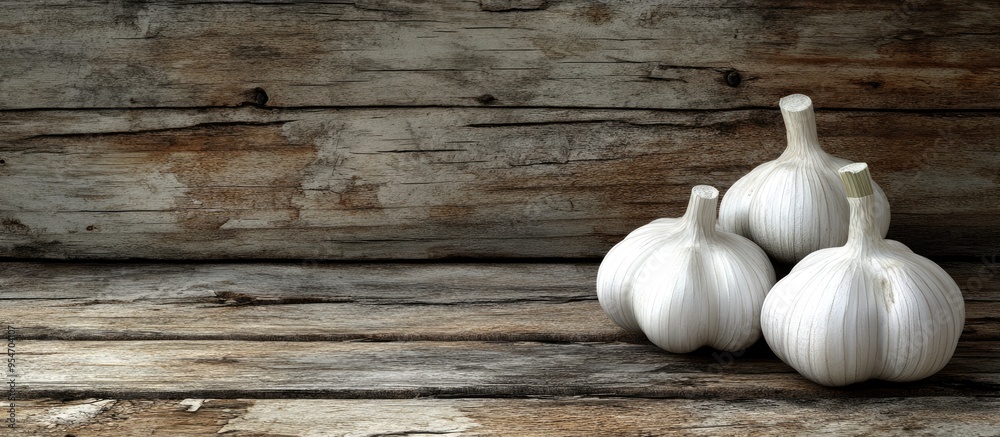 Fototapete garlic bulbs on weathered wood. with copy space image. place for adding text or design