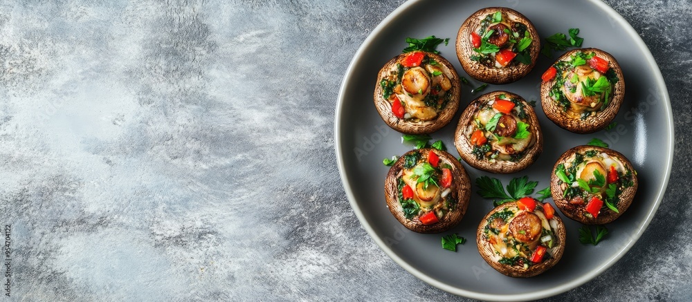 Leinwandbilder Plate of delicious stuffed mushrooms on a grey table. with copy space image. Place for adding text or design