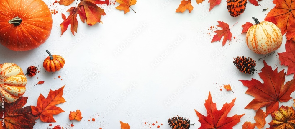 Poster Halloween background on a white surface Colorful party decorations and fall leaves. with copy space image. Place for adding text or design