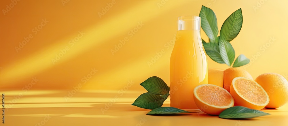 Leinwandbilder orange juice decorated with green leaves in a vase representing a healthy concept. with copy space i