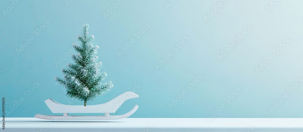 Aufkleber christmas composition idea image of a small christmas tree on a white cute sled set against a blue b