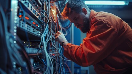 A man in an orange jumpsuit is working on a computer server