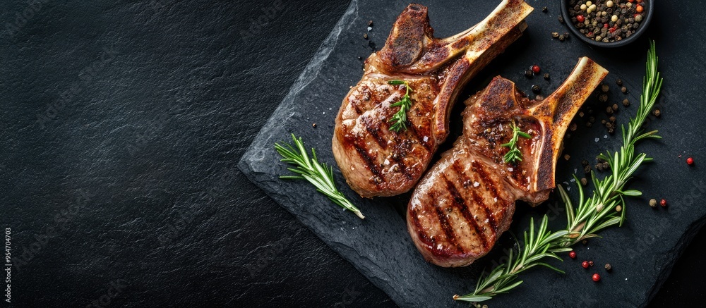 Aufkleber homemade grilled organic lamb chops with rosemary and fragrant herbs. with copy space image. place f
