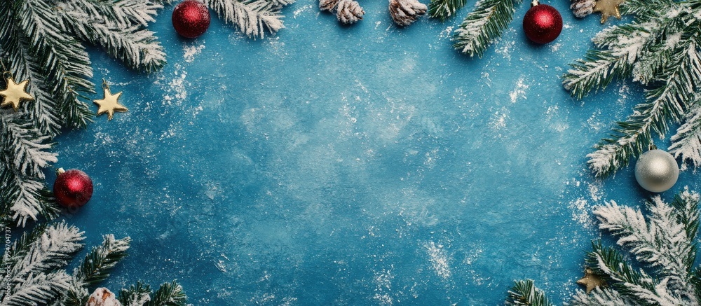 Poster blue paper backdrop featuring a Christmas border. with copy space image. Place for adding text or design