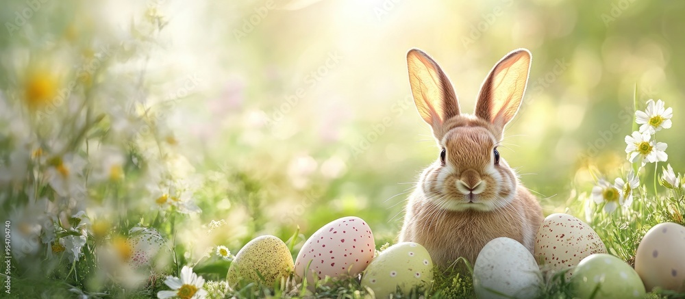 Leinwandbilder easter background featuring eggs a rabbit and spring flowers on a green backdrop. with copy space im