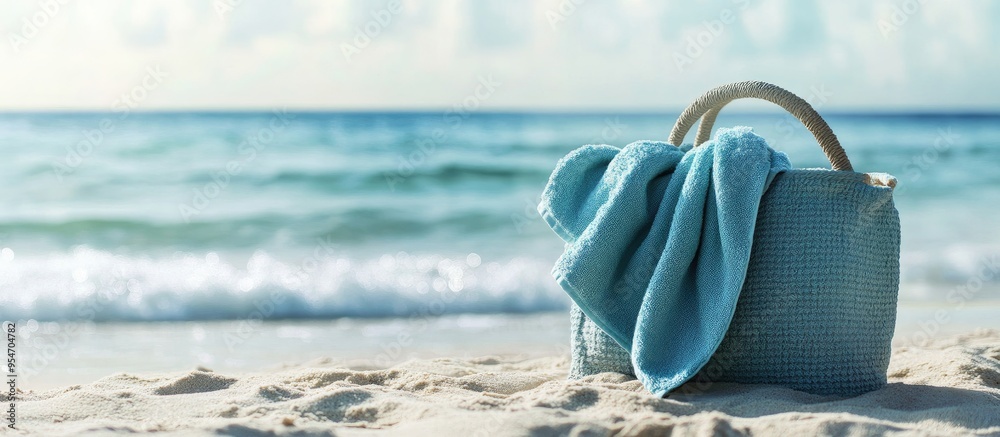 Poster Soft blue towel in a beach bag on the sand by the sea space for text. with copy space image. Place for adding text or design