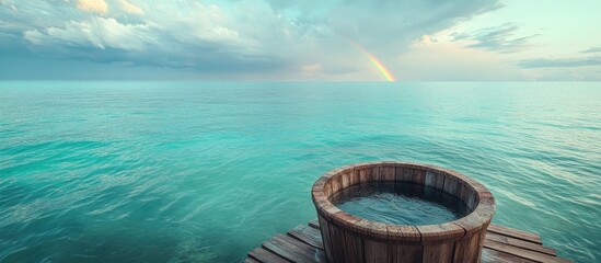 Obraz premium Wooden baptismal font placed before the turquoise waters of Lake Huron The idea that Christ is the cornerstone of the Church and cleanses us of our sins in Holy baptism A faint rainbow appears across