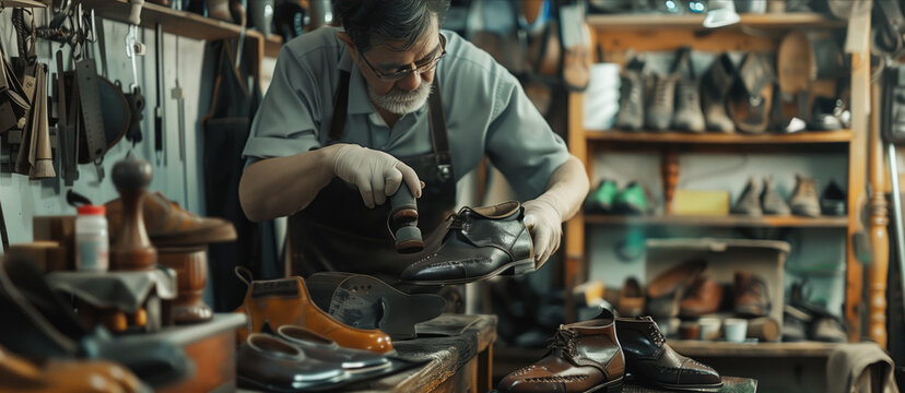 A shoemaker repairs boots in his small workshop. Small business owner and craftsman. An experienced shoemaker creates retro leather shoes in his comfortable workshop. Custom-made shoes made to measure - Powered by Adobe