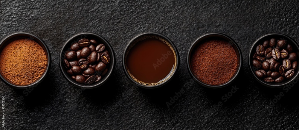 Poster Background featuring a variety of coffee including beans ground coffee instant options pads and capsules in a retro style tone with copy space and a top view perspective