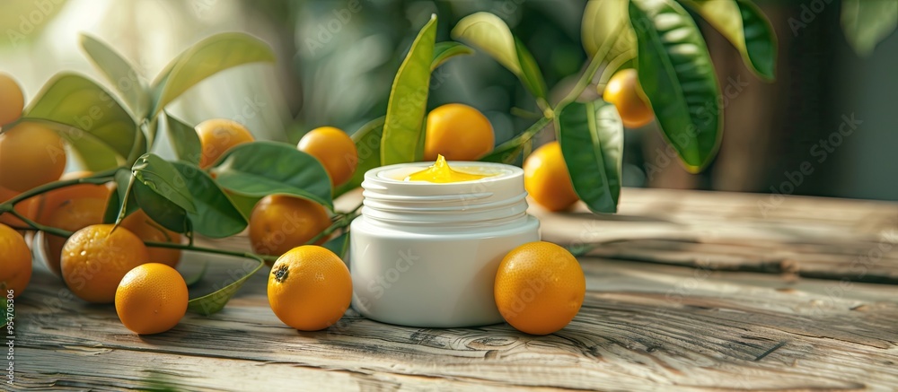 Poster a white jar of cosmetic cream alongside kumquat fruit on a wooden surface. with copy space image. pl