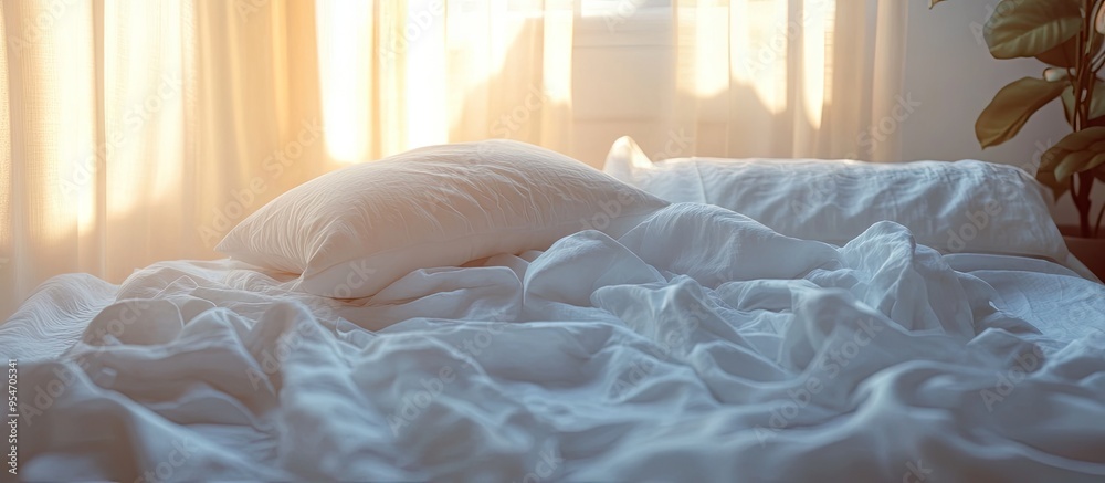 Poster Unmade bed White pillow with a blanket on it Represents relaxation after the morning Illuminated by window light Messy white blanket. with copy space image. Place for adding text or design