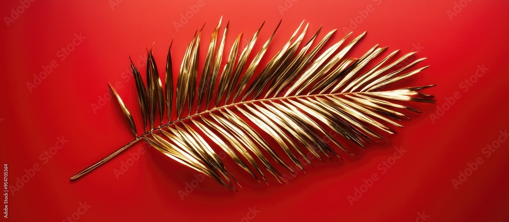 Poster shiny gold glossy palm tree leaf isolated on a red background flat lay top view with copyspace minim