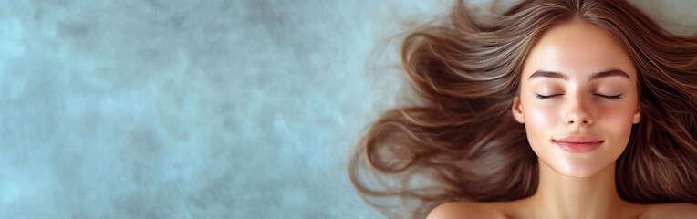 horizontal image, top view portrait of women, isolated background. With copy space for text. Skincare treatment concept. For banner, design, salon, clinic, cosmetologist, web, promo, social media