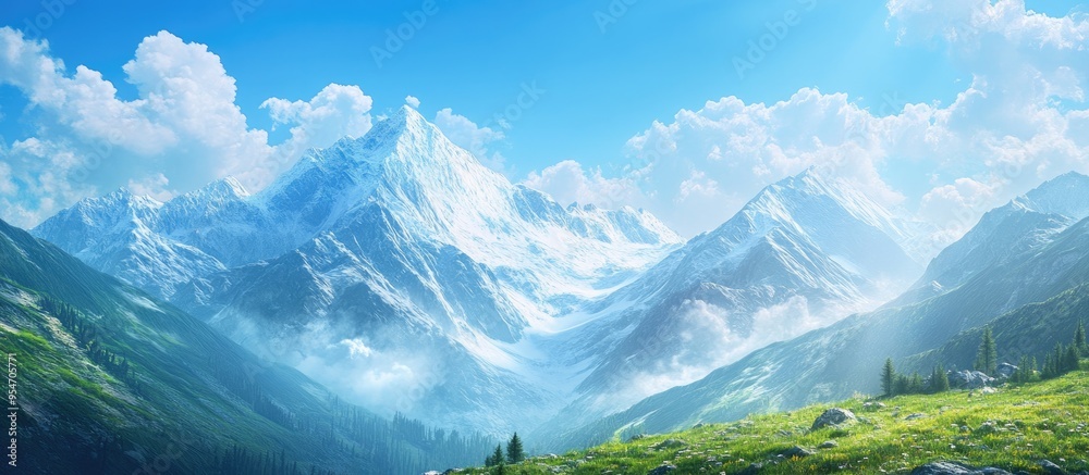 Aufkleber high elevation mountain scenery beneath a blue sky. with copy space image. place for adding text or 