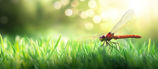 Naklejka premium Dragonfly on grass with a green backdrop. with copy space image. Place for adding text or design