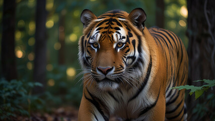 Fototapeta premium A powerful Bengal tiger prowls through a dense, green forest, its intense gaze fixed forward