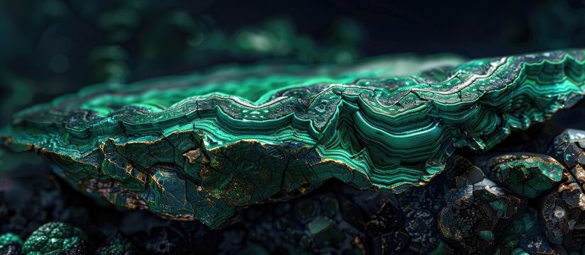 Malachite a copper carbonate hydroxide mineral ore is isolated against a black background showcasing its monoclinic crystal structure Molochitis melochite Rocks and minerals. with copy space image