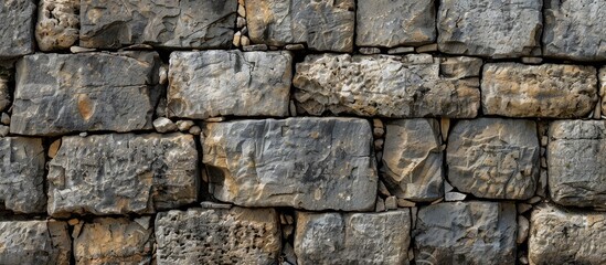 Fototapeta premium Closeup of an ancient stone wall background featuring weathered square shaped blocks outdoors. with copy space image. Place for adding text or design