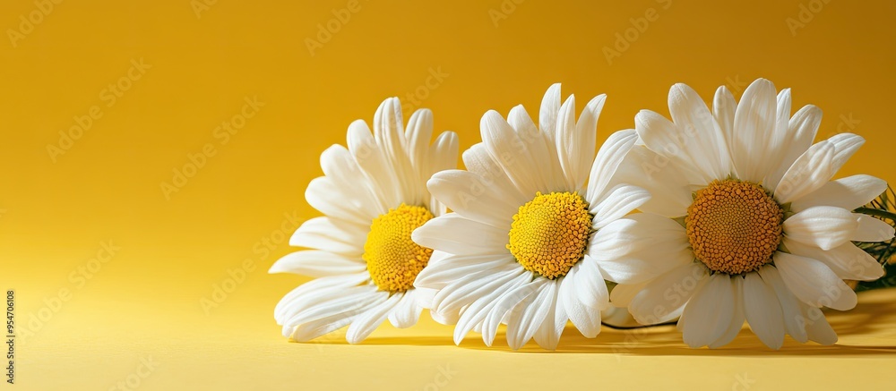 Poster White chamomile flowers rest on a yellow background. with copy space image. Place for adding text or design
