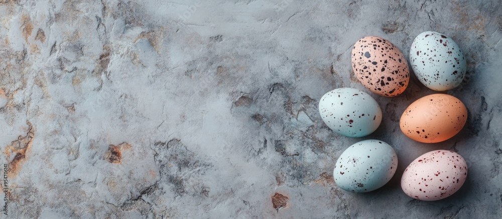 Aufkleber composition featuring futuristic easter eggs on a textured stone background copyspace top view