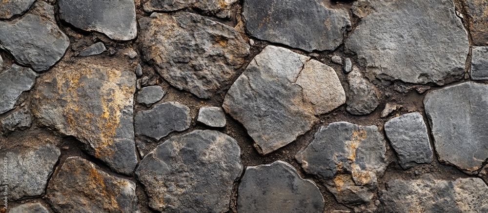 Fototapete Uneven stone and cobblestone texture A grungy aged background for your design. with copy space image. Place for adding text or design