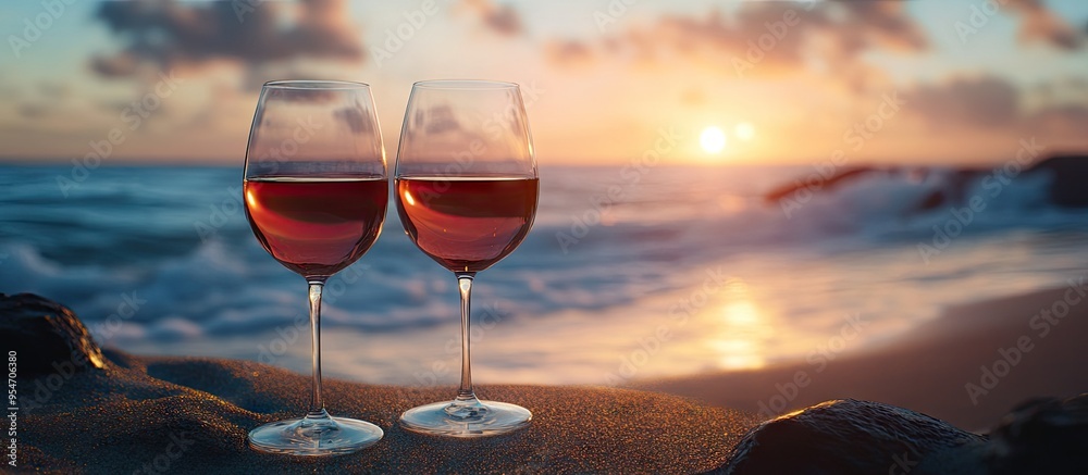Aufkleber wine glasses at sunset on a beach selective focus nature. with copy space image. place for adding te