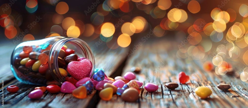 Aufkleber A jar of heart shaped Valentine s candy spilling onto a rustic wooden table set against a background of heart bokeh. with copy space image. Place for adding text or design