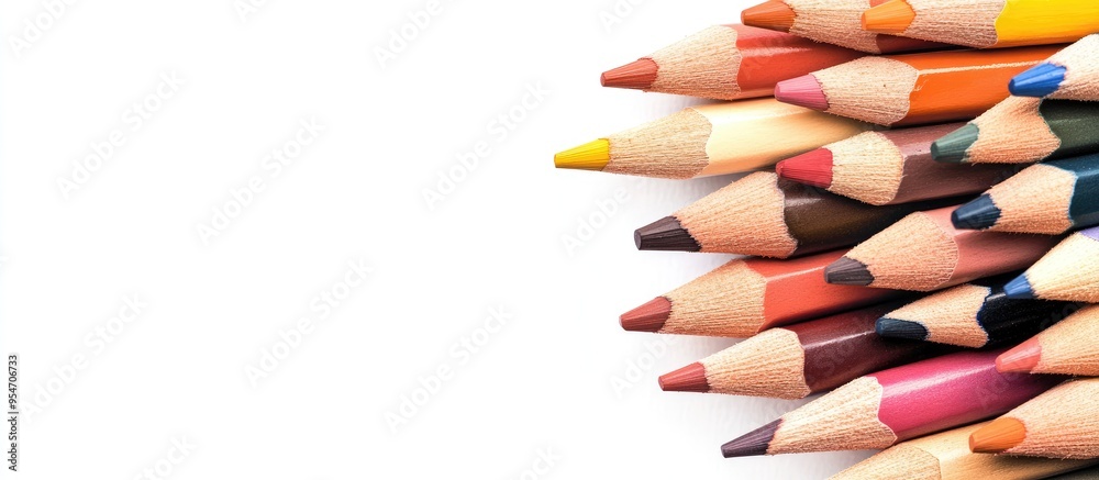 Poster selective focus on colored pencils with stripes set against a white background with copyspace